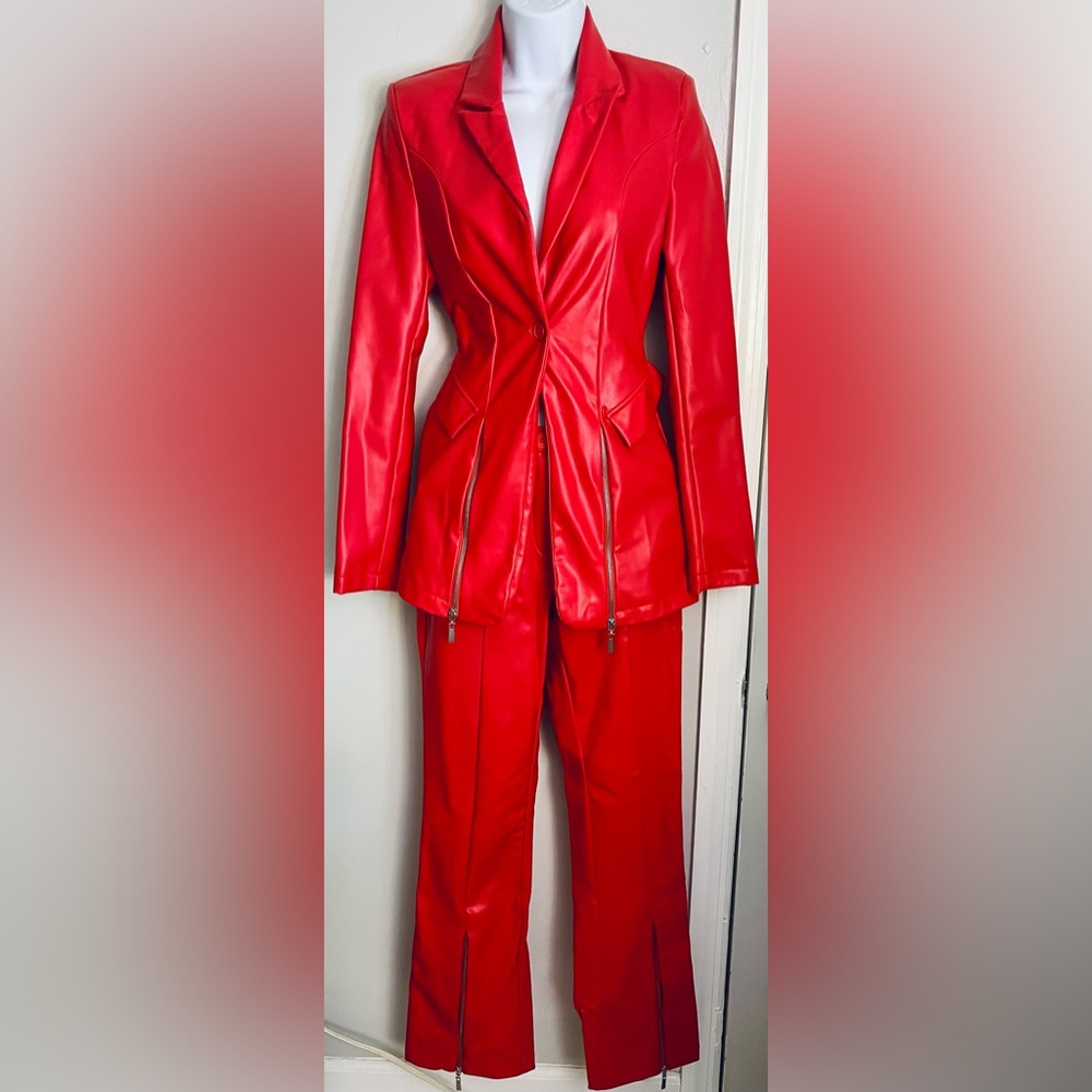 Vibrant Red Faux Leather Suit
